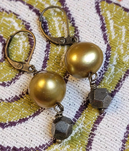 Chartreuse Pearls and Pyrite Earrings