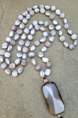 Silvery Gray Keishi Pearl Banded Agate Necklace