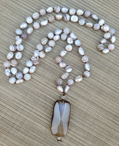 Silvery Gray Keishi Pearl Banded Agate Necklace