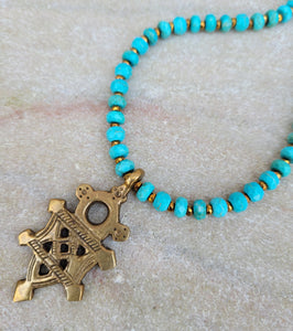 Blue Howlite Taureg Cross Necklace