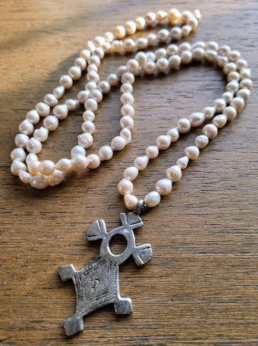 Baby Baroque Pearl Taureg Cross Necklace