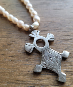Baby Baroque Pearl Taureg Cross Necklace