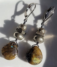 Load image into Gallery viewer, Labradorite Teardrop Pyrite Earrings
