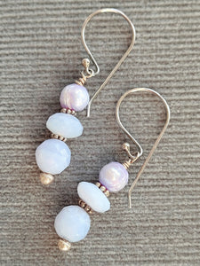 Blue Lace Agate Pearl Stack Earring