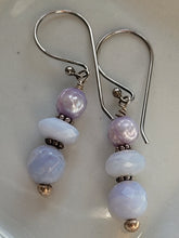 Load image into Gallery viewer, Blue Lace Agate Pearl Stack Earring