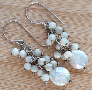Coin Pearl Mother of Pearl Cluster Earrings