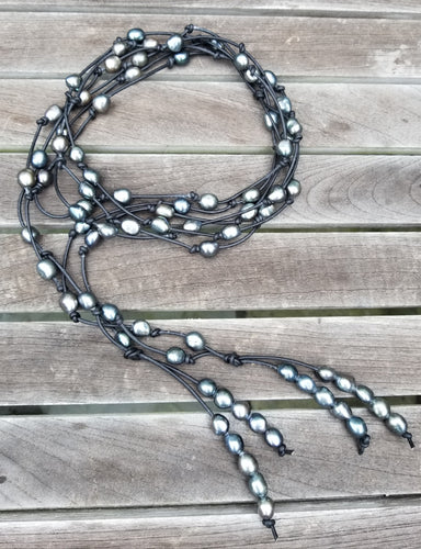 One-of-A-Kind Long Pearl and Leather Lariat